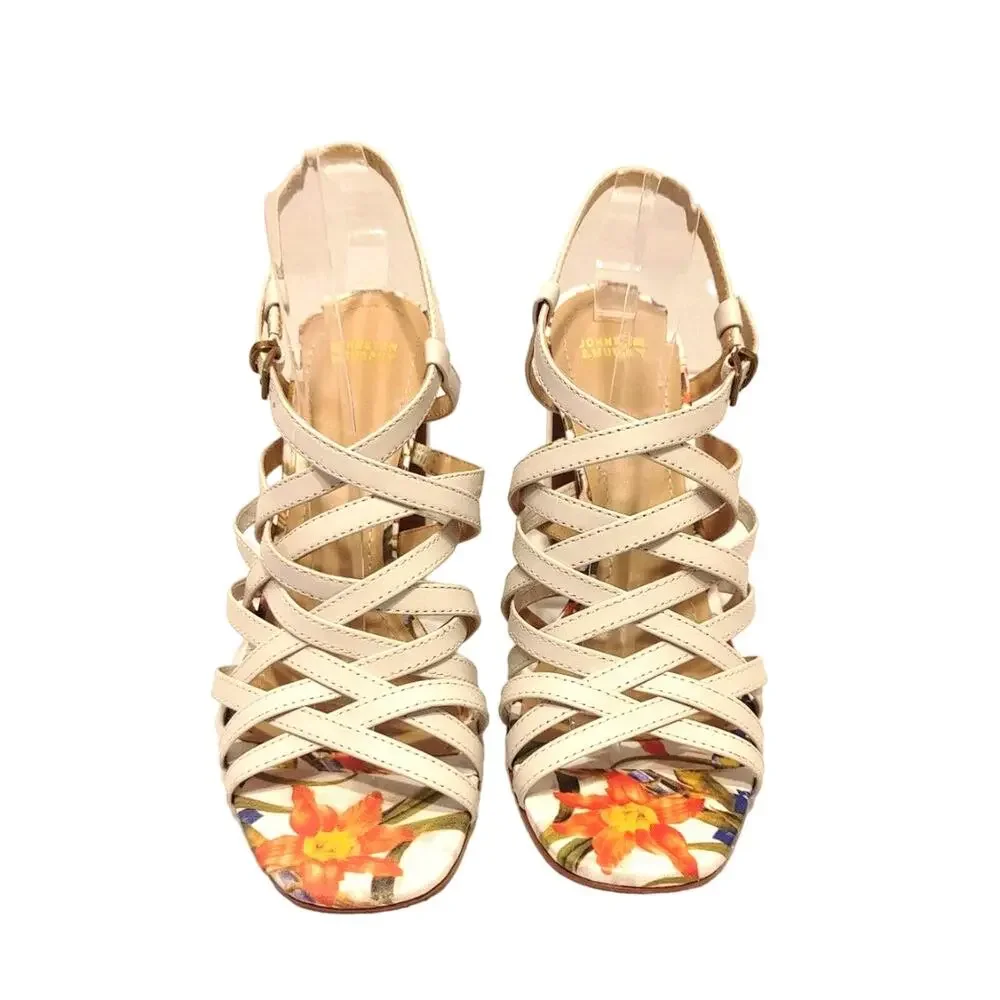 Johnston Murphy Cross Strap Leather Block Heels Strappy Sandals White Womens 5.5
